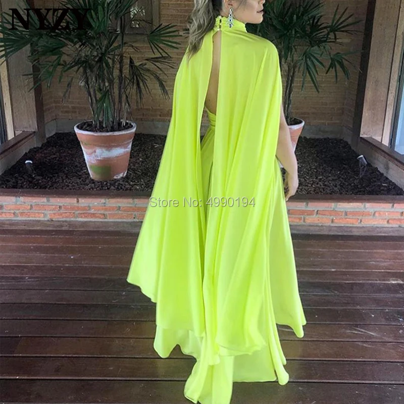 

NYZY E129 Chiffon Cape Cloak Sleeve Yellow Cheap Evening Dress Elegant Robe Soiree abendkleider 2019 abiye gece elbisesi