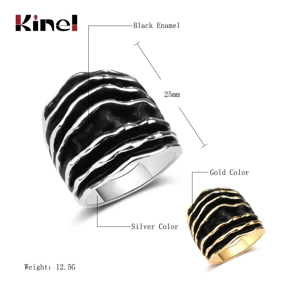 Kinel Fashion Gold/Silver Color Punk Ring Wide Chunky Stripes Enamel Wave Line Statement Ring For Women Jewelry