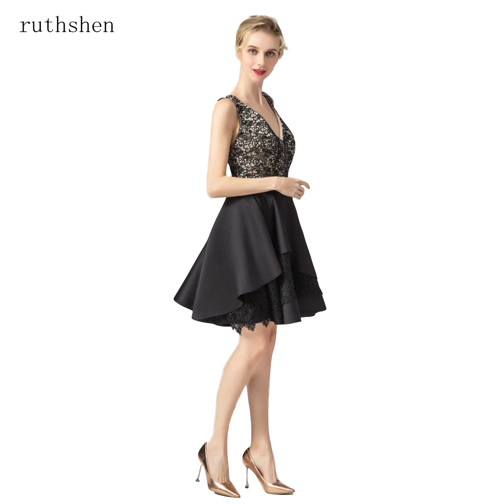 Ruthshen ค็อกเทล V คอสีดำซาตินลูกไม้ Patchwork Tee ความยาว Midi สั้น Vestidos Verano Robe de Soiree