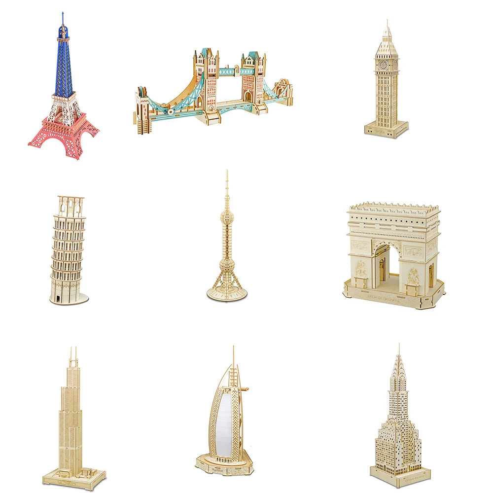 

Laser Cutting Construction Wood 3D Puzzle Eiffel London Bridge Tower of Pisa Dubai Himeji Castle Model Adult Kid Educational Toy