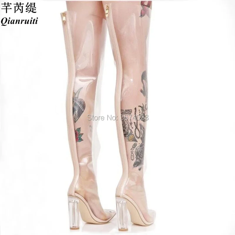 Qianruiti Runway Shoes Women PVC Thigh High Boots Clear Pointed Toe Crystal Heel Over knee Transparent Boots Summer Rain Boots