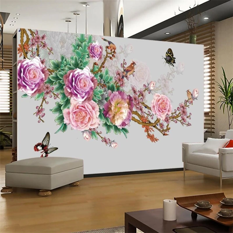 beibehang High-definition peony plum blossoms and rich Chinese TV background wall painting custom large mural green wallpape