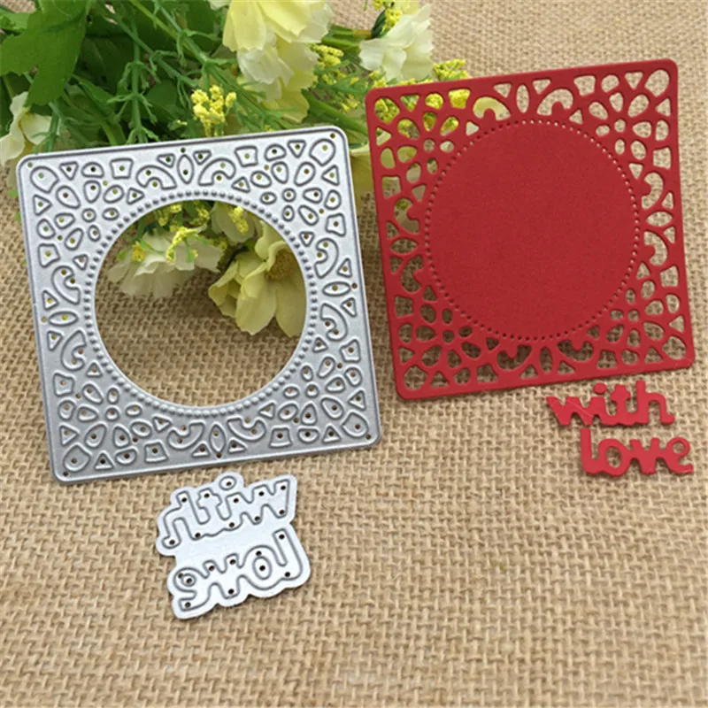 2pcs Wish Letters With Love Square Lace Metal Cutting Dies Stencil Scrapbooking Photo Album Card Paper Embossing Craft DIY