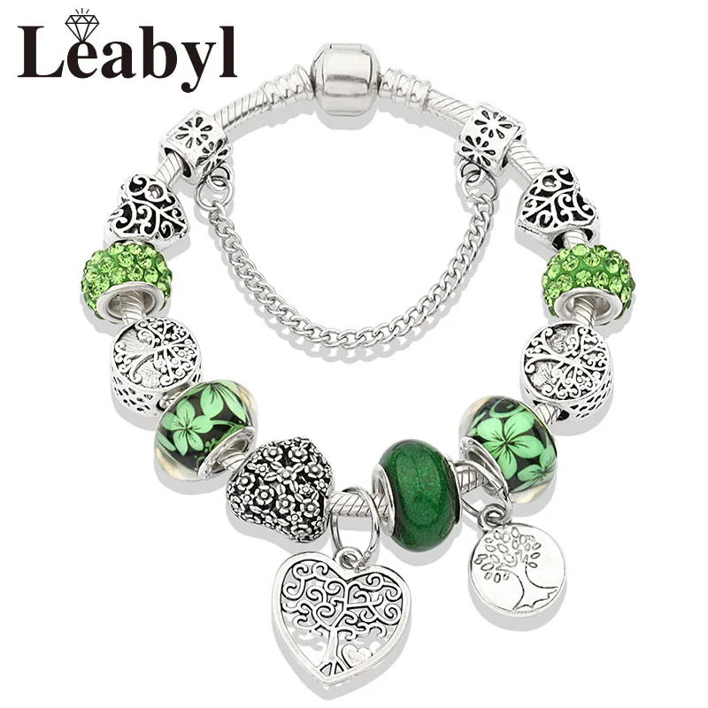 Antique Tibetan Silver Tree of Life Charm Bracelets Green Crystal Flower Bead Bracelet with Heart Diy Jewelry Pulsera Mujer