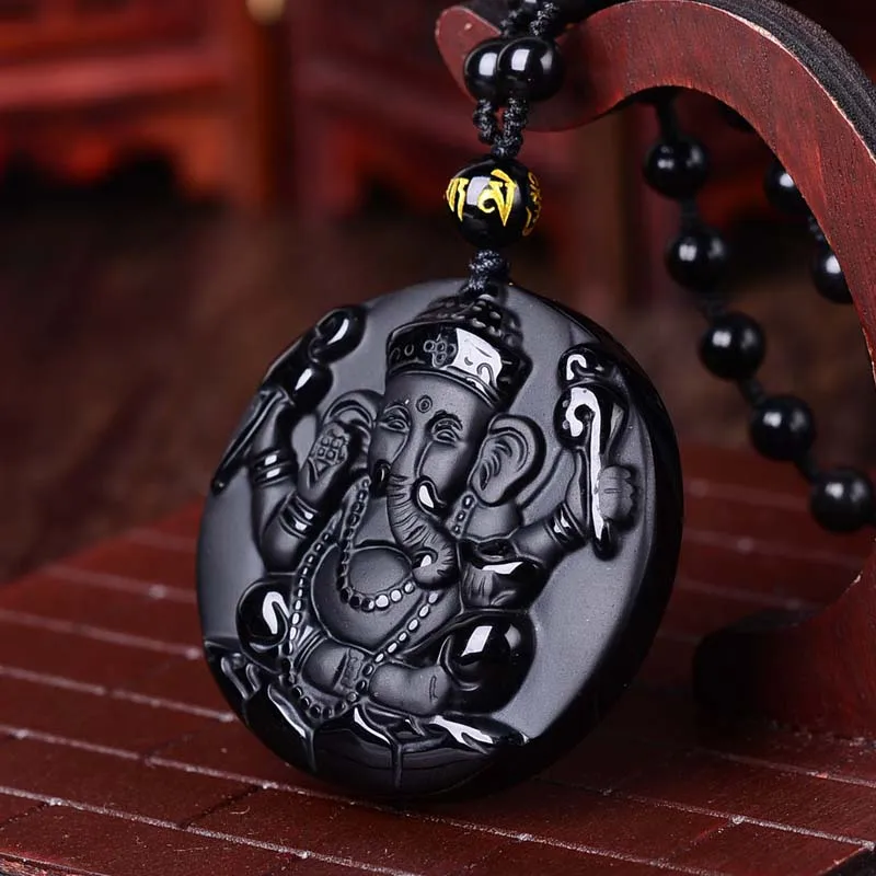 Natural Black Obsidian Carved Ganesh Elephant Lucky Pendants Free Necklace Fine Stone Crystal Fashion woman man Amulet Jewelry