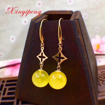 Xin yi peng 18 k yellow gold inlaid natural amber drop earrings, women's earrings, simple and easy, anniversary gift