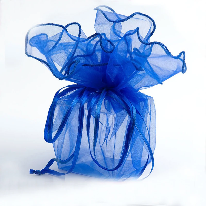 26cm 200pcs Royal Blue Candy Bags For Wedding Round Christmas Organza Bags Gift Packaging Bags Women Drawstring Package Display