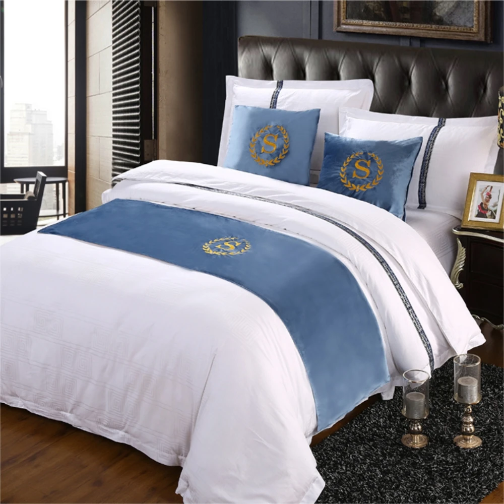 RAYUAN Suede Embroidery S Sign Double Layer Bed Runner Scarf Bedspread Bed Cover Hotel Bedding Decor Single Queen King Size