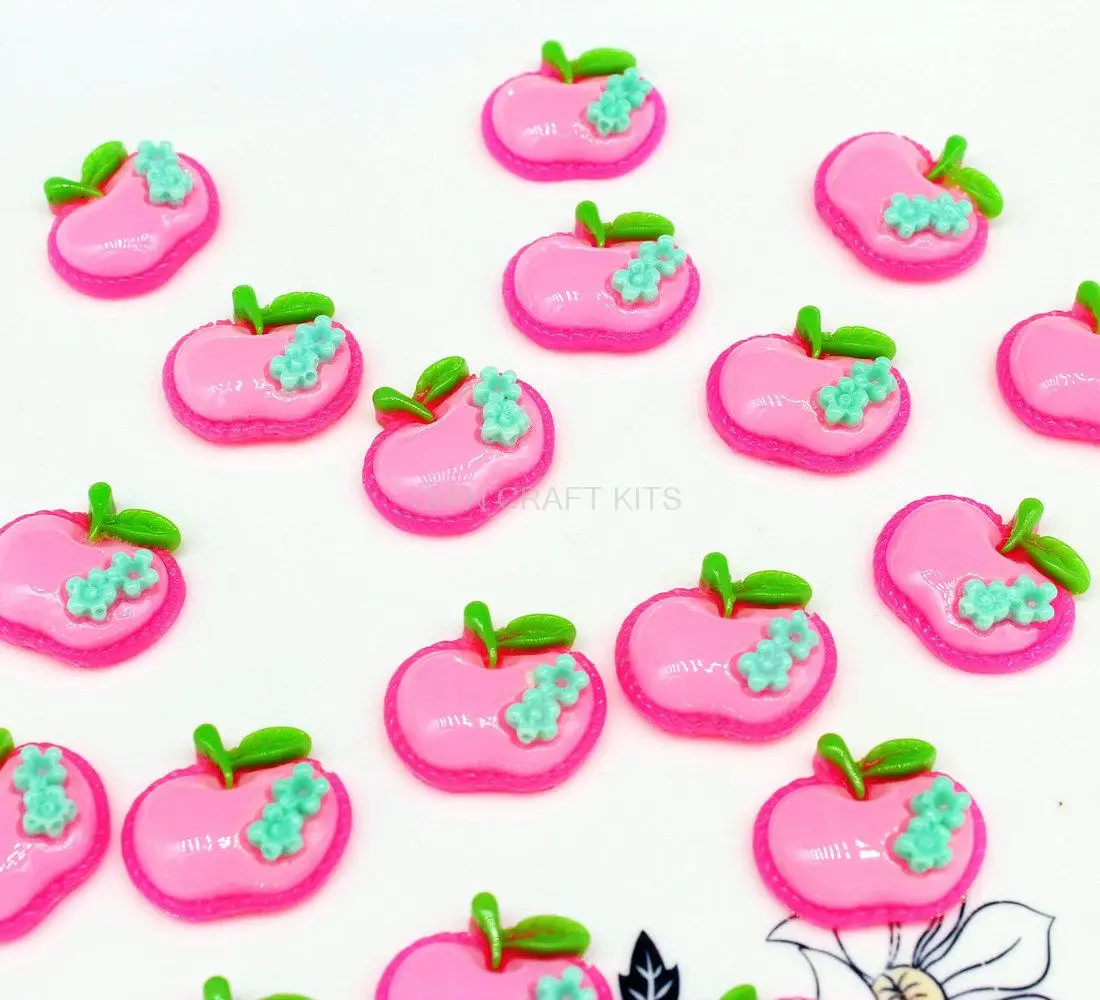 100pcs Pink Apple w/blue Flower Resin Cabochons Flat Back Decoden Kawaii Kitsch Crafts Decor, Scrapbook Jewelery Making