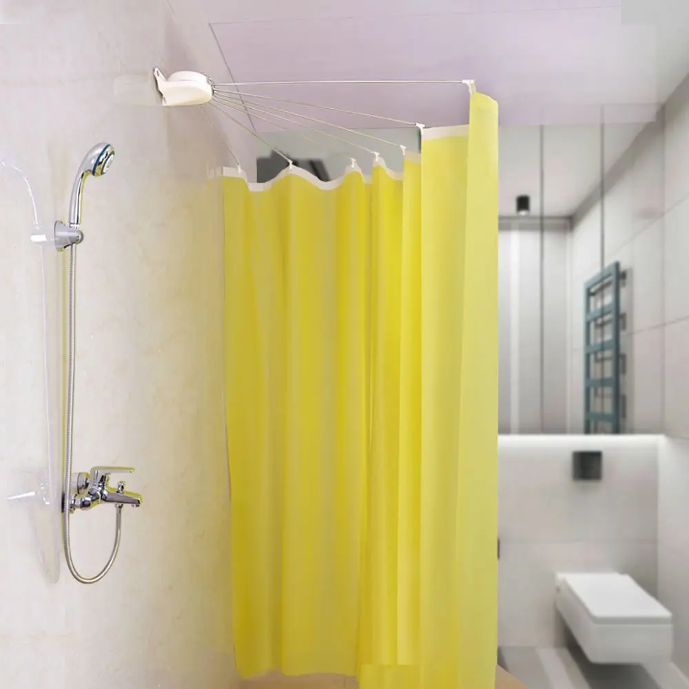 BAOYOUNI Foldable Wall Mounted Shower Curtain Rod Metal Space Saver Fan-shaped Bathroom Curtain Holder Rail with Hooks DQ1609