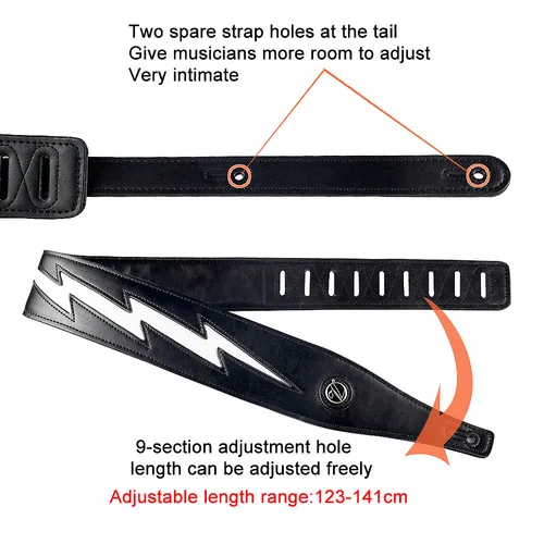 Imagen 2 del producto Correa de guitarra de cuero de alta calidad, color blanco y negro, relámpago único, cómoda correa para bajo eléctrico acústico, accesorios para guitarra