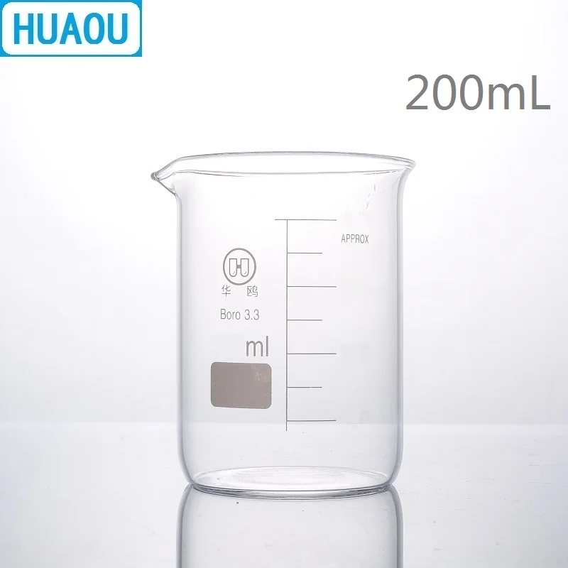 HUAOU-200mL 유리 비커 낮은 형태의 붕규산 3.3 유리, 졸업 및 주둥이 측정 컵 실험실 화학 장비