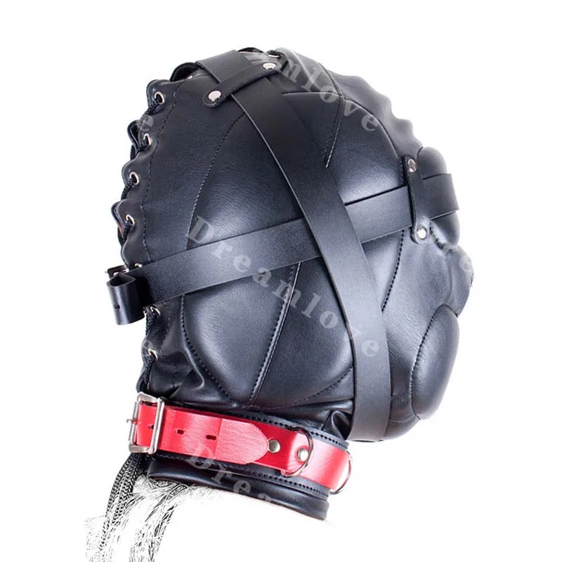 Kinky Soft Padded Leather Locking Role Play Sensory Deprivation Hood Head Enclosure Fetish Costume