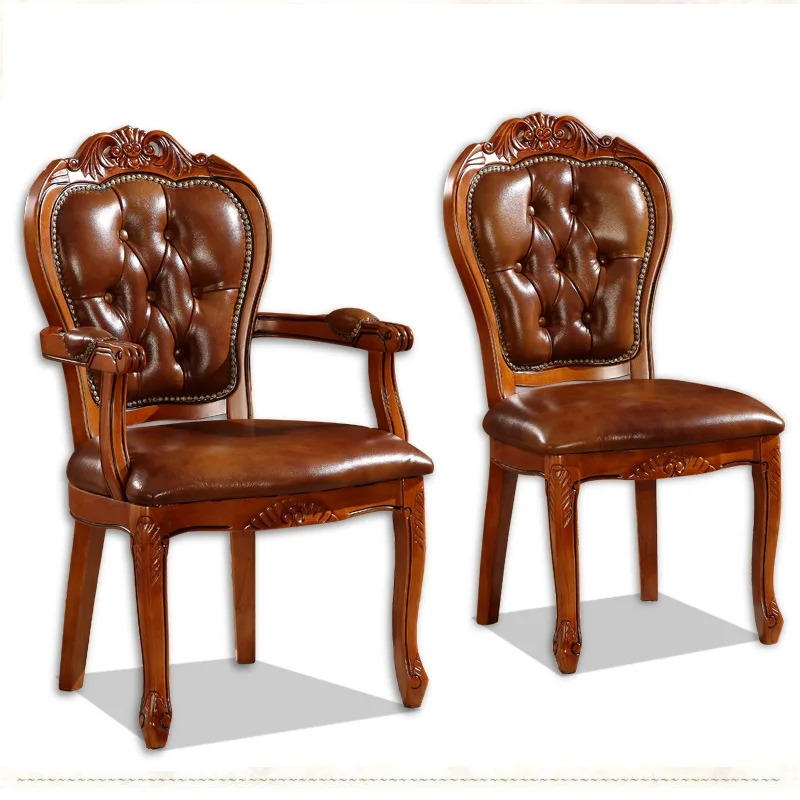 European Solid Wood Leather Dining Chair, Hotel Coffee Chairs, Study Armchairs, Classic Desk Chairs