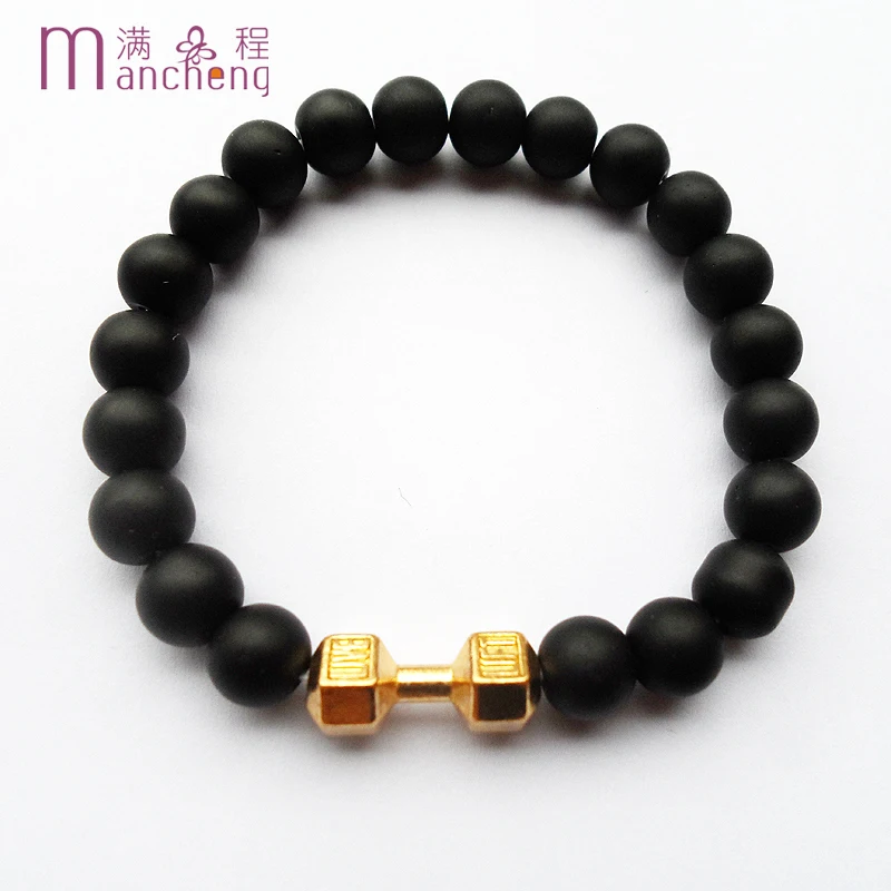 New design Black Onyx Matte Onyx Dumbbell Live Lift Bracelet,Good quality Fitness Barbell Charm Beaded Live Lift Yoja Bracelet