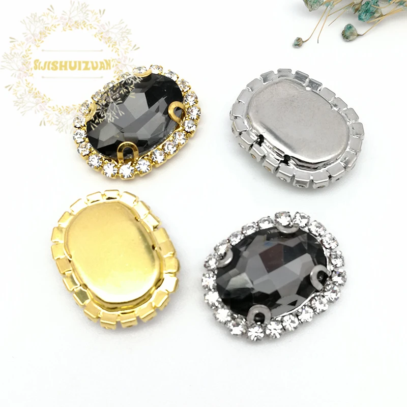 Shiny Gray Oval Shape Glass Crystal Sew On Rhinestones Gold/Silver Bottom With Crystal Buckle Diy Wedding Dresss