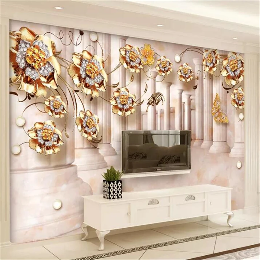 

beibehang Custom wallpaper 3d photo mural golden rose vine stone Roman column TV background wall living room bedroom wallpaper