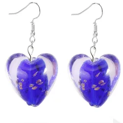 Qianbei Color Hand-made Murano Glass Gold Sand Women's Romatic Silver Plated Classic Dangle Heart Earrings