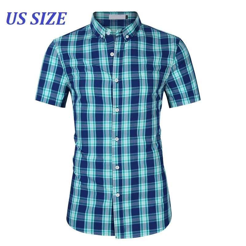 

US Size 100% Cotton Mens Shirts Short Sleeve Plaid Shirt Men Social Business Dress Shirts Camisa Masculin Chemise Homme TS-515