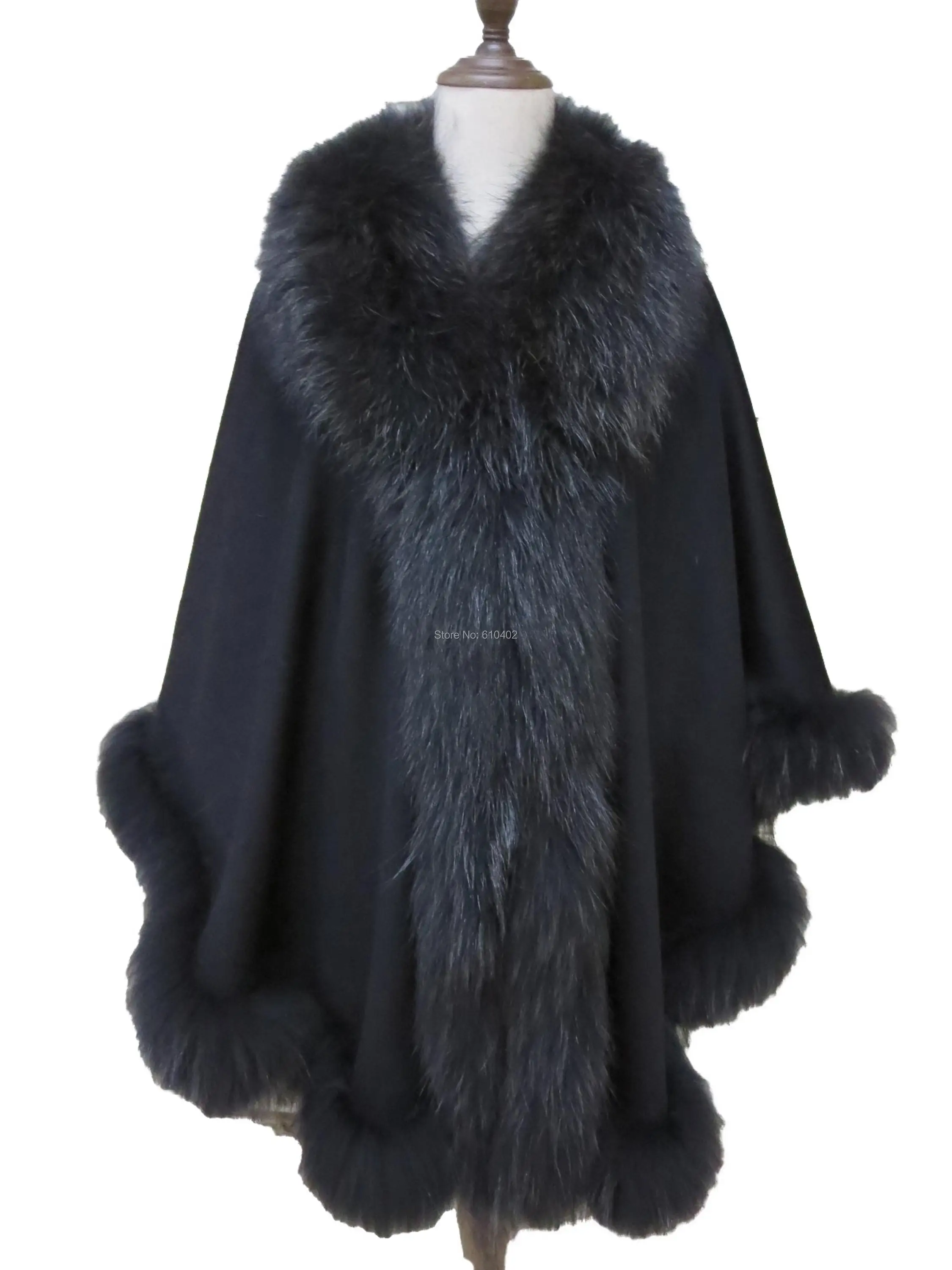 Women  Luxury  Real Cashmere Genuine Racoondog Fur Cloak/ Poncho/ Cape/Coat /Elegance Oversize Black