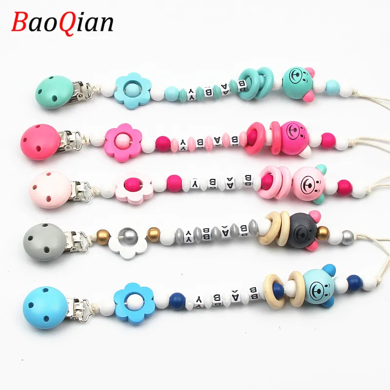 DIY Wooden Baby Pacifier Clips Chain Children Funny Pacifier Chain with Mouse Teething Holder for Baby Gift