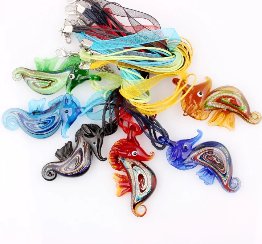 Wholesale 6pcs Handmade Murano Lampwork Glass Mix Color Seahorse Pendant Necklace Hot Thanksgiving Gift necl0004