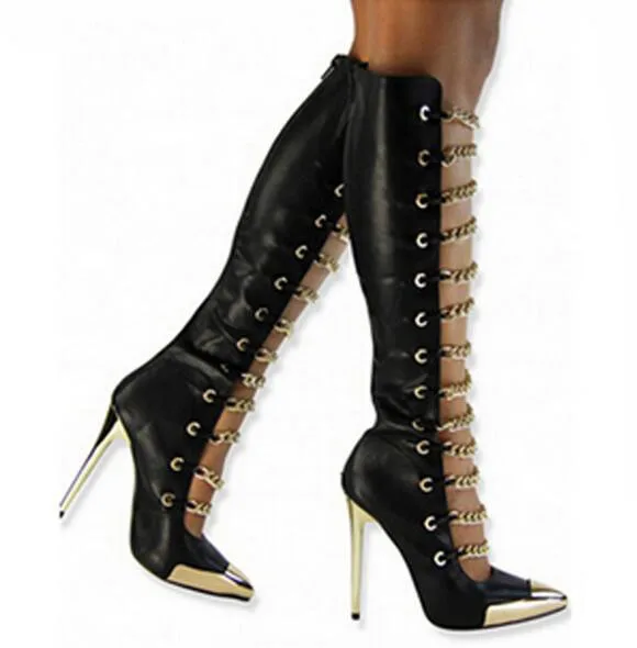 Sexy Gold Chains Decorated Boots Pointed Toe High Heel Knee High Gladiator Sandals Boots For Women Summer Dress shoes woman Free