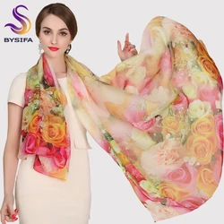 New Spring Autumn Ladies Pure Silk Scarf Winter Accessories Long Design Pink Scarves Wraps Women Digital Injket Sunshade Shawl