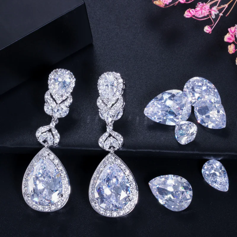 Pera Brand Luxury Women Party CZ Stone Silver Color Jewelry Big Pear Cut Drop Purple Long Dangle Cubic Zirconia Earrings E223