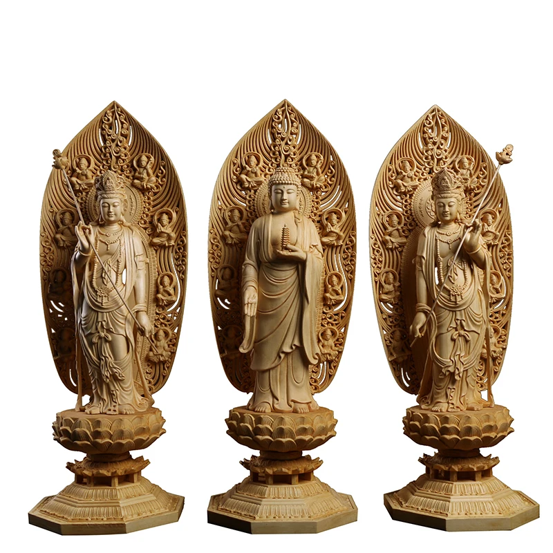 Eastern Bodhisattva Statues, Exquisite Solid Wood Buddha Statue, Representing the Trio of Gods - Authentic Buddhist Folk