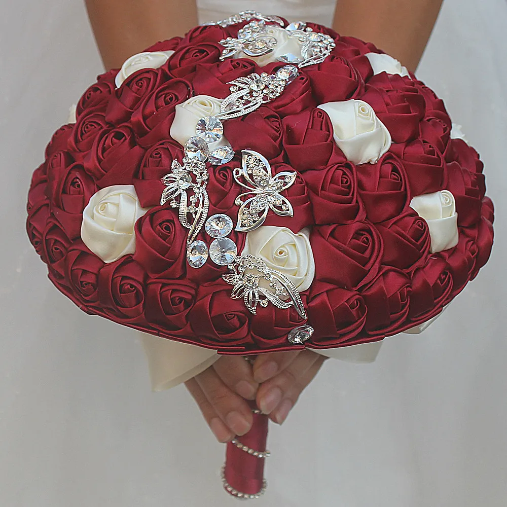 JaneVini 24cm Satin Flowers Bridal Bouquet With Crystal Rose Burgundy Flower Beaded Wedding Bouquet Purple Bouquets Accessories