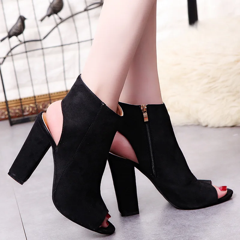 Ankle Boots Faux Suede Leather Casual Open Peep Toe High Heels Zipper Fashion Square Rubber Black Shoes For Women Plus Size 43