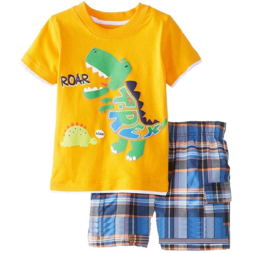 Yellow Dino Boy Clothes Set ROAR Children T-Shirt Plaid Pant Suit Kids Outfit 100% Cotton Tops Panties 2 3 4 5 6 7 Year Clothing