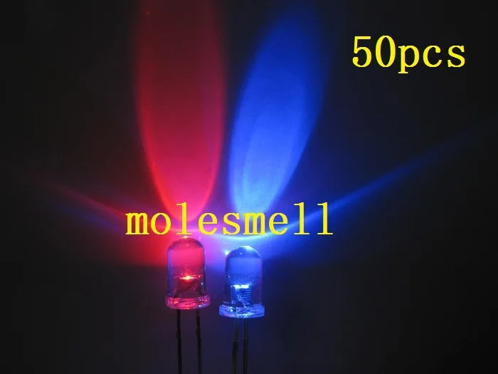 50pcs 5mm Dual Bi Color Polar Changing Red/blue Led water clear Leds 2-Pin led