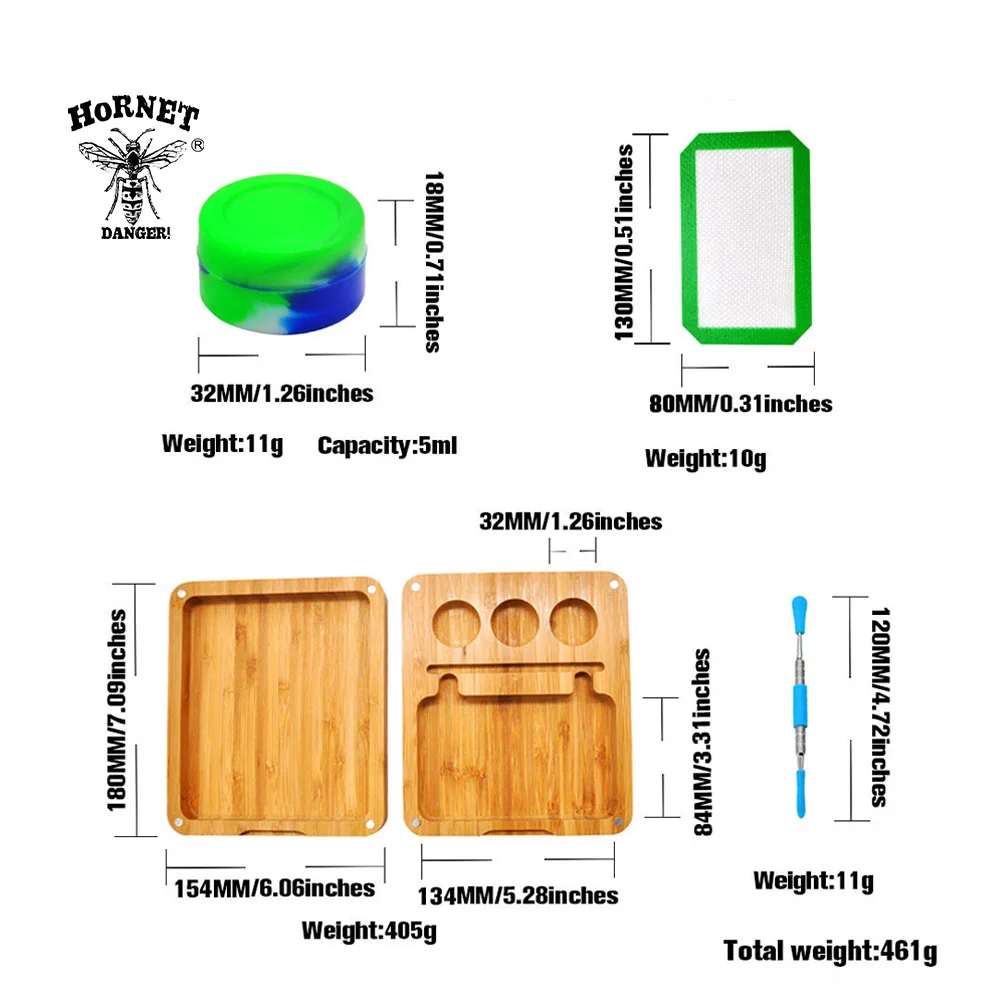 HORNET Bamboo Rosin Storage Set -3 Oil Wax Jar +1 Stainless Steel  Spoon +1 Silicone Baking Mat  +1 Bamboo Magnet Rolling Tray