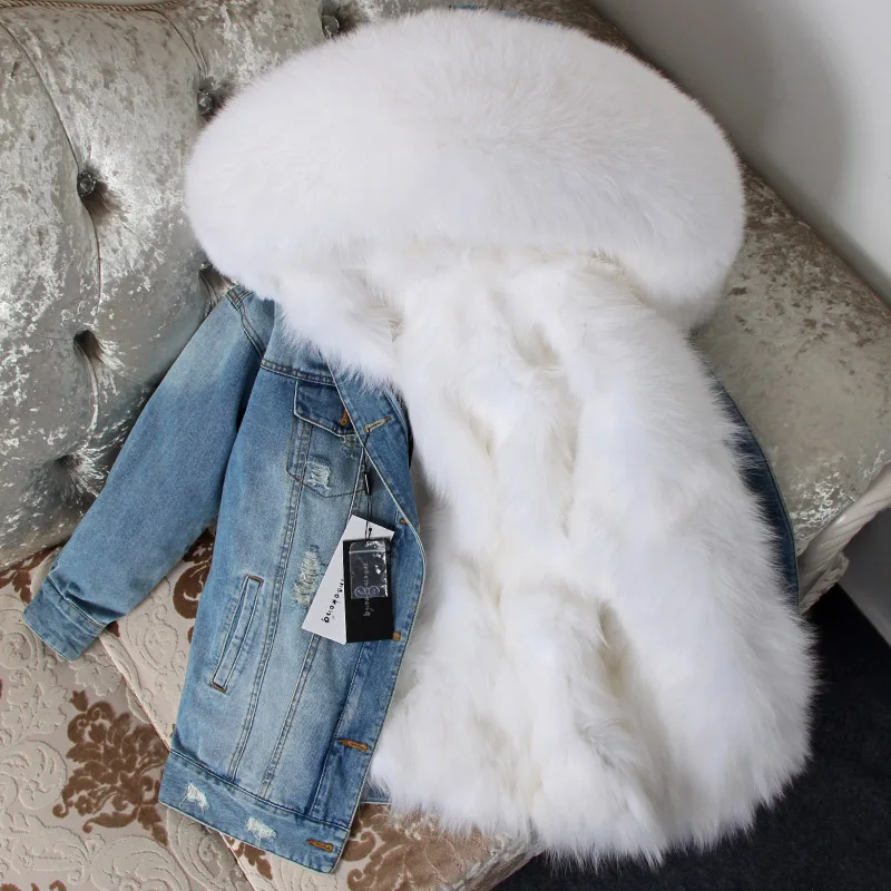 Maomaokong denim jacket natural fox fur lined jacket coat  Women's jacket   women winter coats 2020 Women's fur coat