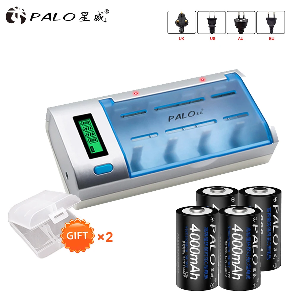 

PALO LCD Display smart Battery Charger For AA/AAA/SC/C/D/9V Batteries + 4 Pcs 1.2V Ni-MH C size rechargeable Battery