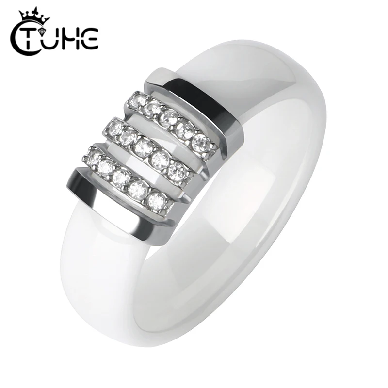 Fashion Black White Unique Rings Women 6mm Ceramic Ring For Women Pave Crystal Comfort Wedding Rings Engagement Brand Jewelry