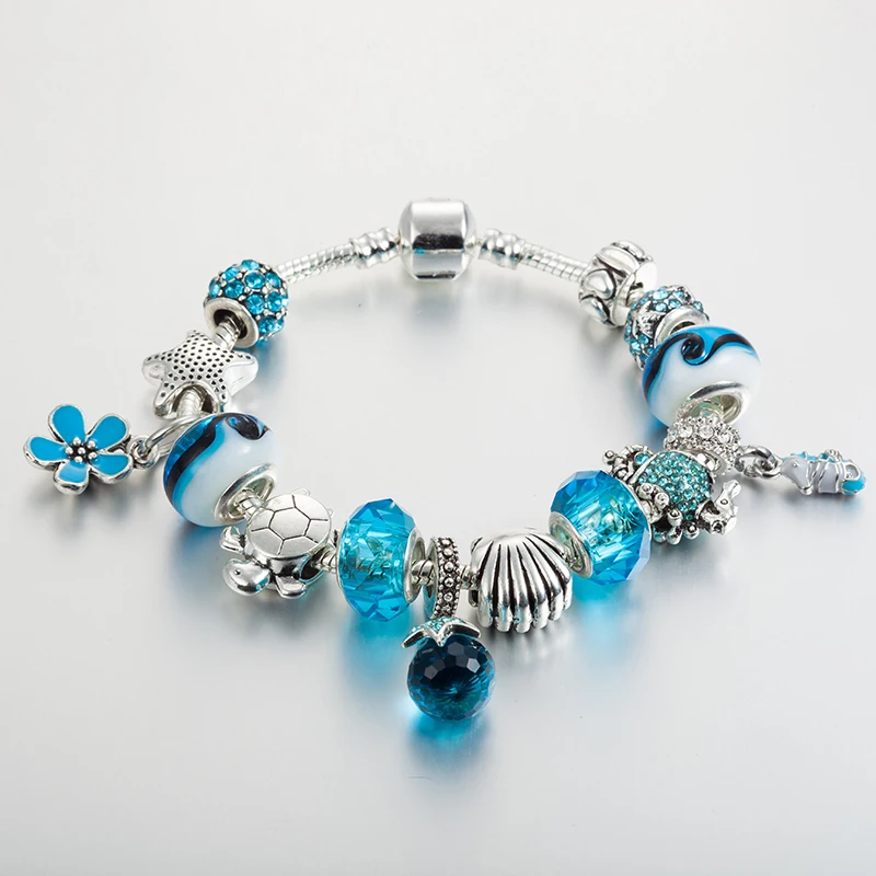 ANNAPAER Emaille Seestern Charme Armbänder & Armreifen Feine Silber Farbe Blau Kristall Murano Perlen Armband für Frauen B16194