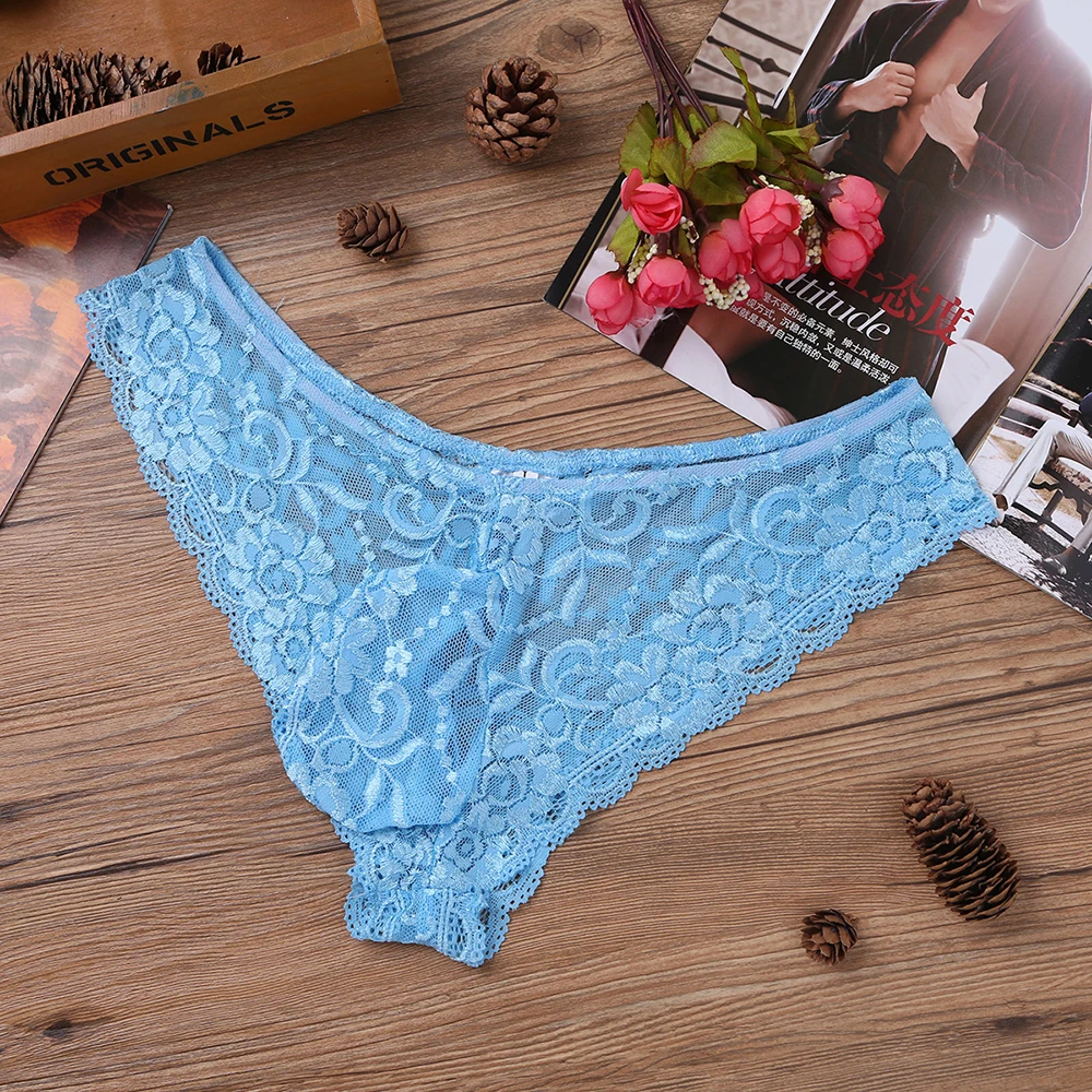 Mens Sexy Wetlook Sissy Panties Lingerie Lace Floral Bulge Pouch Low Rise Briefs See Through Jockstraps Underwear Underpants