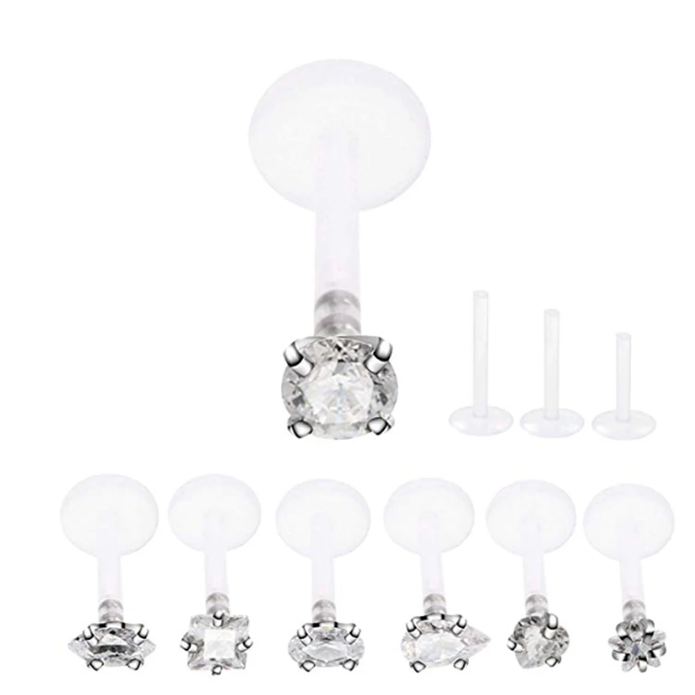 1PC Bioplast Flexible Push-in Labret Stud Lip Piercing Press Fit 3mm Crystal Zircon Ear Cartilage Tragus Helix Jewelry