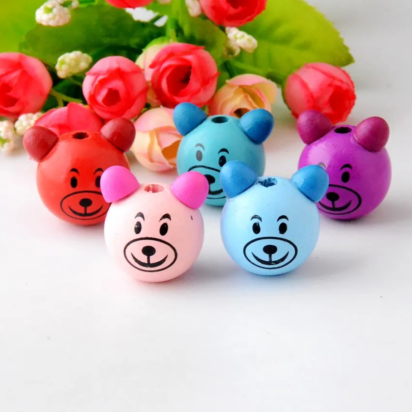 Free shipping 5PCs Mixed Color Lovely Animal Cute Bear Wood Beads Jewelry For Children Kids Beads Craft 27x28mm