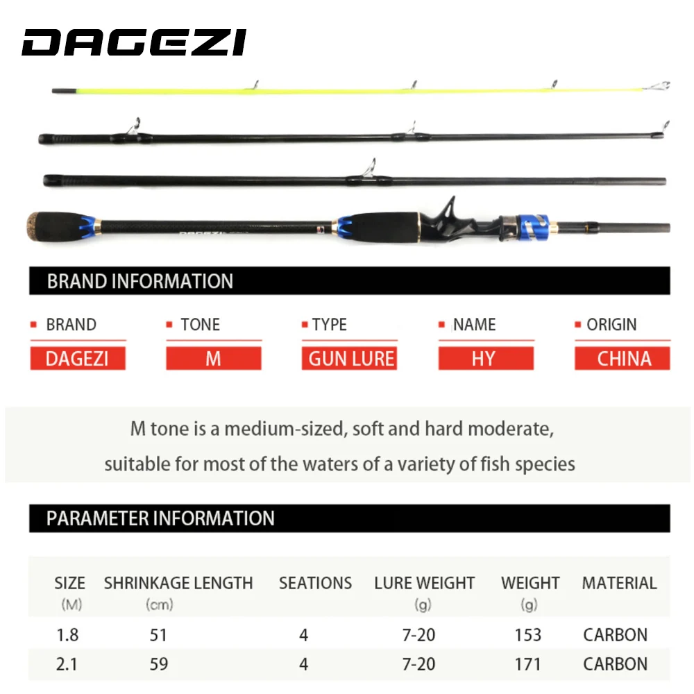 DAGEZI HY Lure Fishing Rod 1.8M/2.1M 4 Section M Power 7-20g Carbon Fiber Travel Rod Ultralight lure Rod Fishing Rods