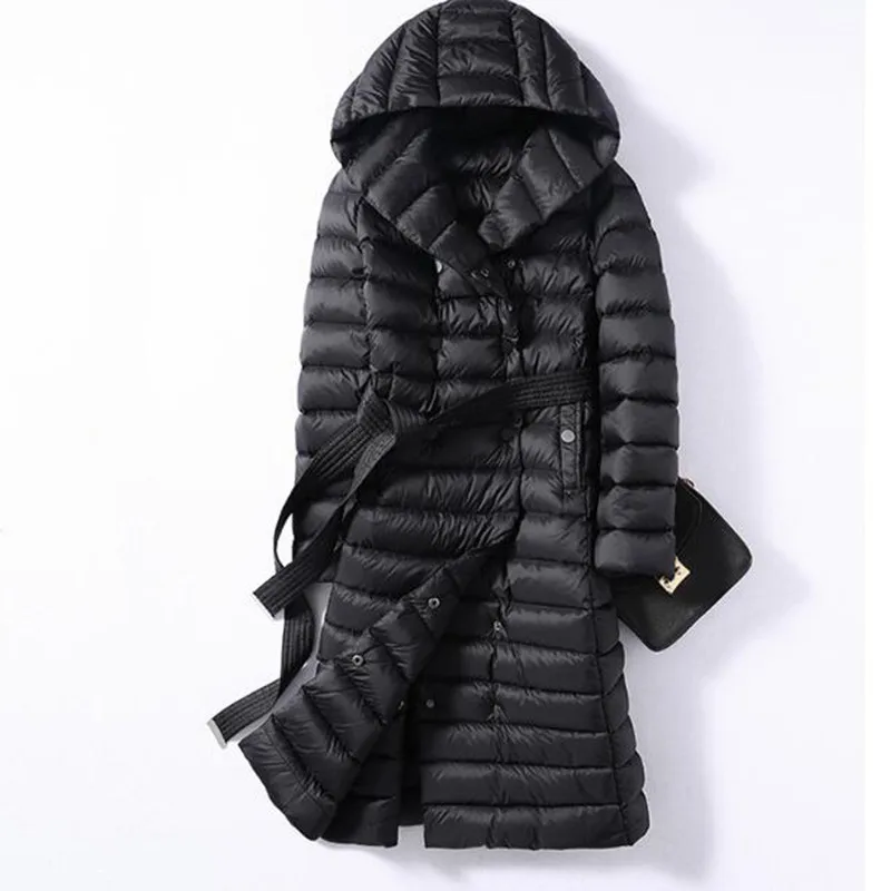 2022 Women Ultra Light White Duck Down Jacket Autumn Winter Long Down Parkas Female Warm Hooded Puffer Coat Outerwear With Belt