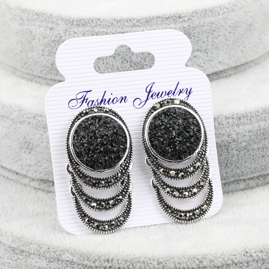 Hot 2018 Fashion Black Crystal Stone Big Earrings For Women Vintage Silver Plated Engagement Earrings Bohemian Jewelry Gift