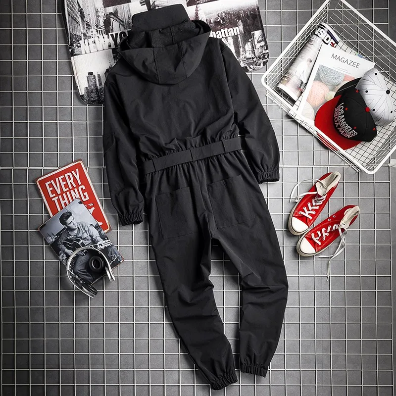 New Mens Hip Hop Cargo Jumpsuit Fashion Black Sashes Joggers Overalls Multi Pockets Work Rompers Streetwear Korean Clothes
