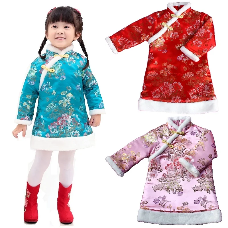 

Floral Festival Baby Girls Dress Winter Quilted Warmer Girl Down Jacket Chi-pao Dresses Children Cheongsam Qipao Outwear Blouses