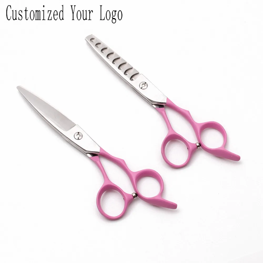 9122# 6INCH Engraving Logo Pink Elastic Handle Professional Hairdressing Scissors Cutting Scissors Thinning Shears Hair Scissors