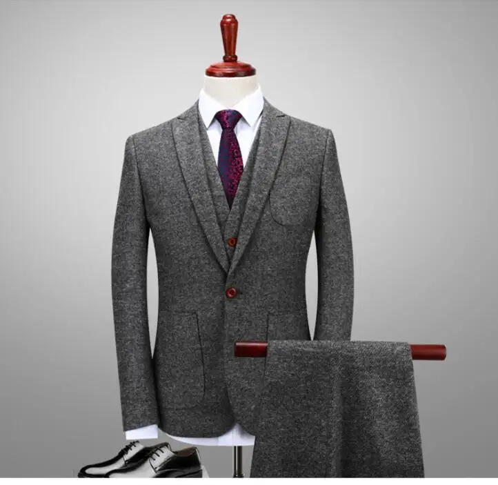 

2023 Latest Coat Pant Designs Winter Smoking Grey Tweed Men Suit Groom Wedding Suits Slim Fit 3 Piece Tuxedo Custom Blazer Terno