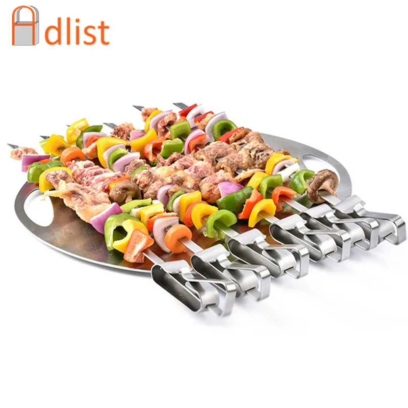 6pcs 43cm/17'' Wide Barbecue Kabob Sticks Stainless steel BBQ Skewer set w/ Food Remover Disc for Grilling Flat Metal  BBQ Fork